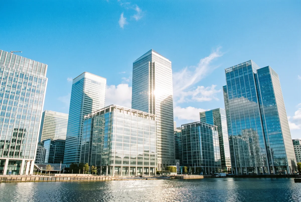 Canary Wharf glass towers at dusk