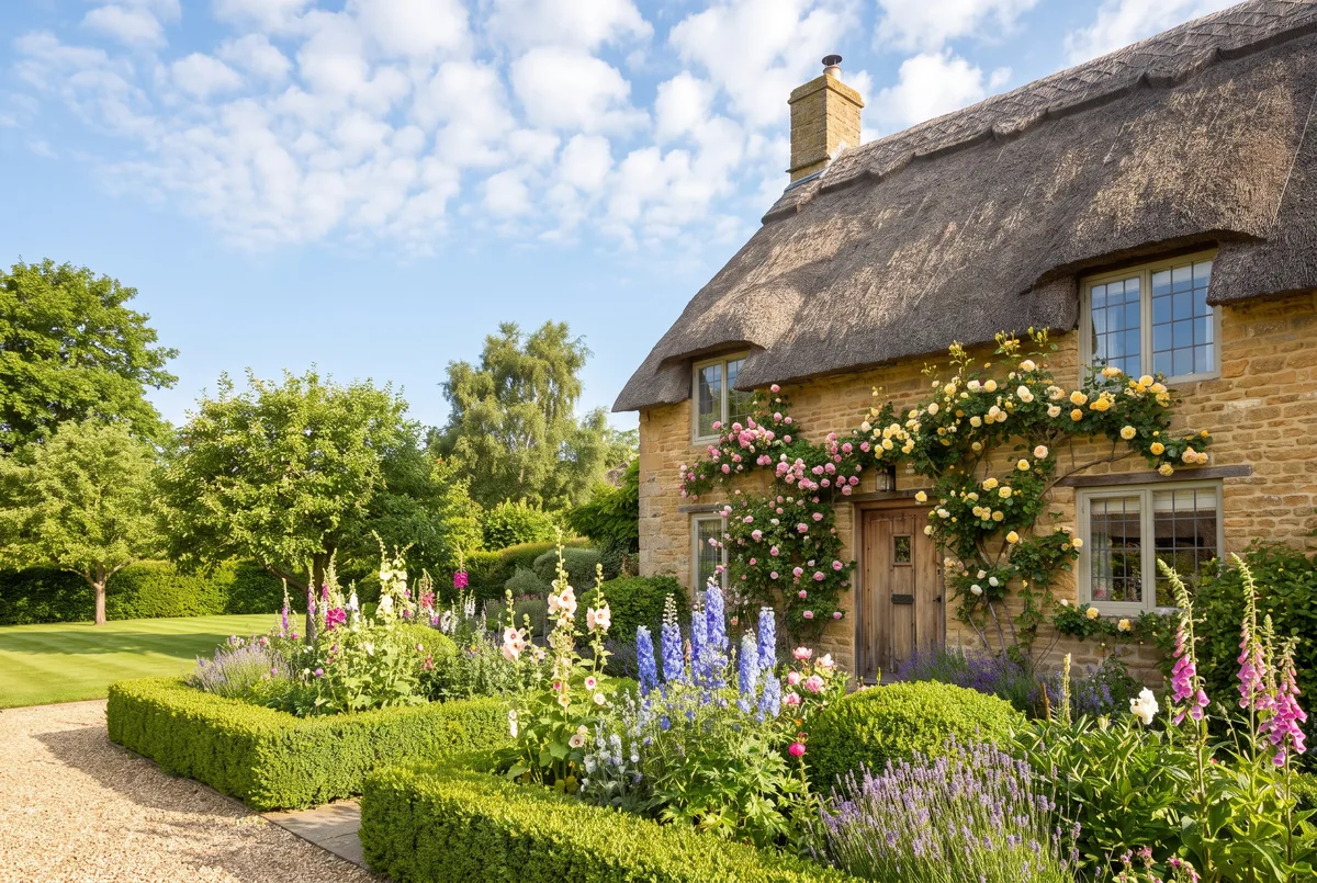 English stone cottage with a lush green garden in summer sunshine