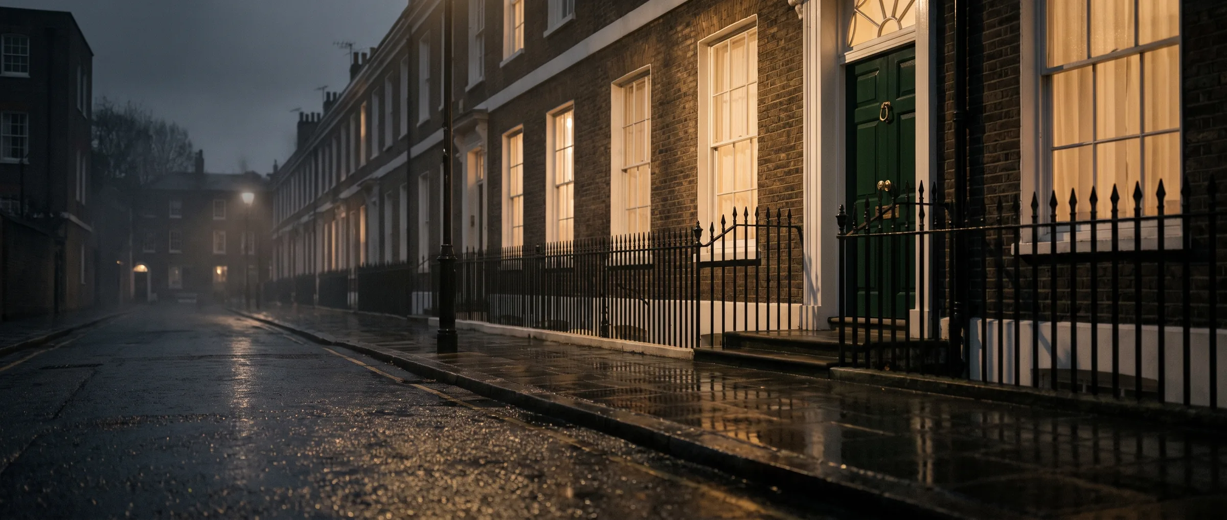 Georgian terrace street in London at dusk, warm lights in the windows