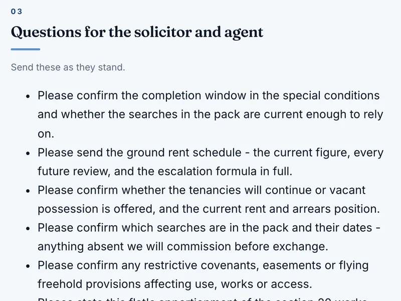 Sample report section: Questions for your solicitor